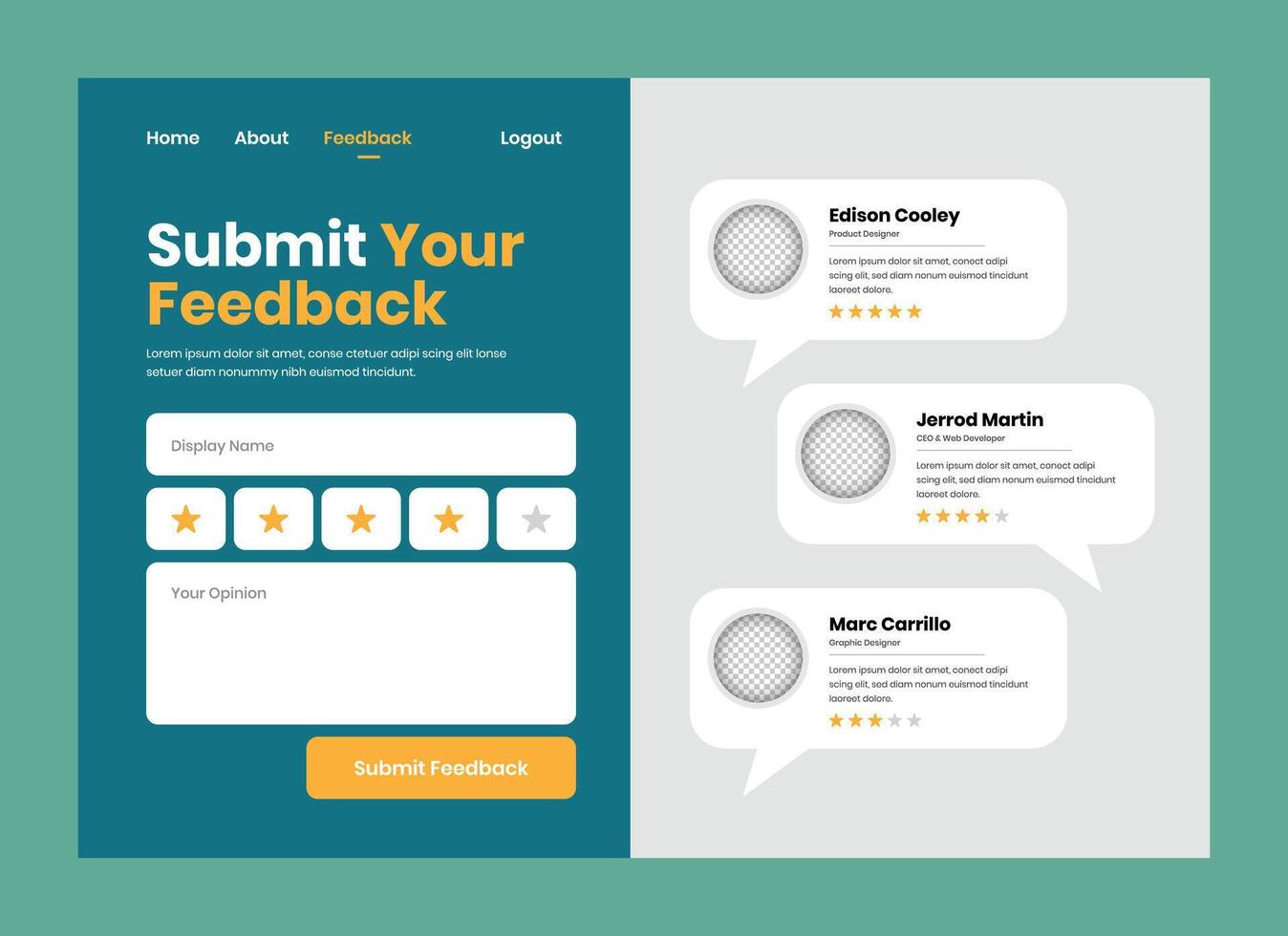Simple minimalist feedback submission web ui form template design vector