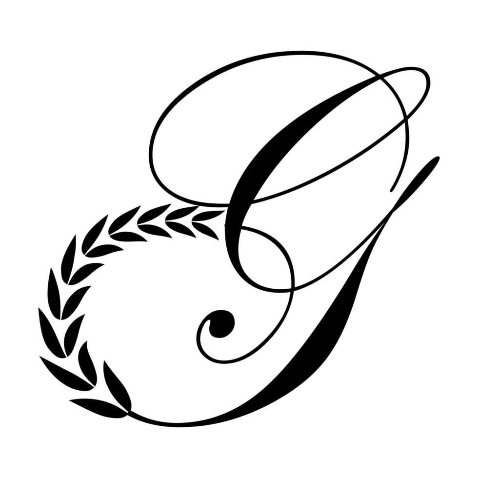 Calligraphic G Letter logo design, elegant floral ornate alphabet design vector