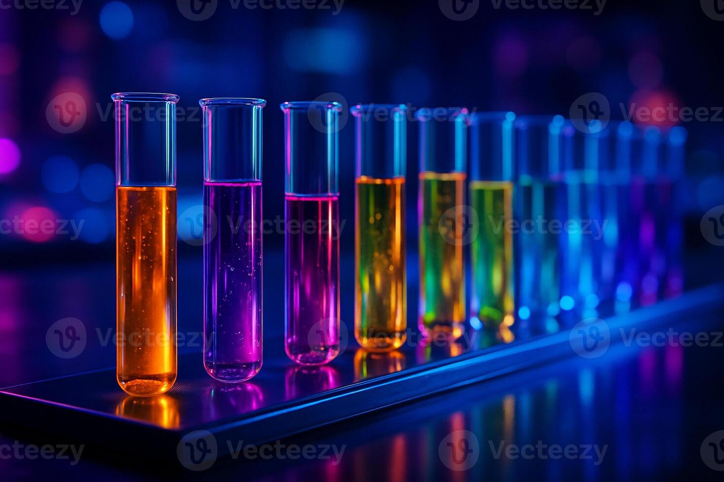 high tech test tubes filled with vibrant liquids under neon lights arranged in a clean futuristic lab scene with a sense of precision and innovation photo