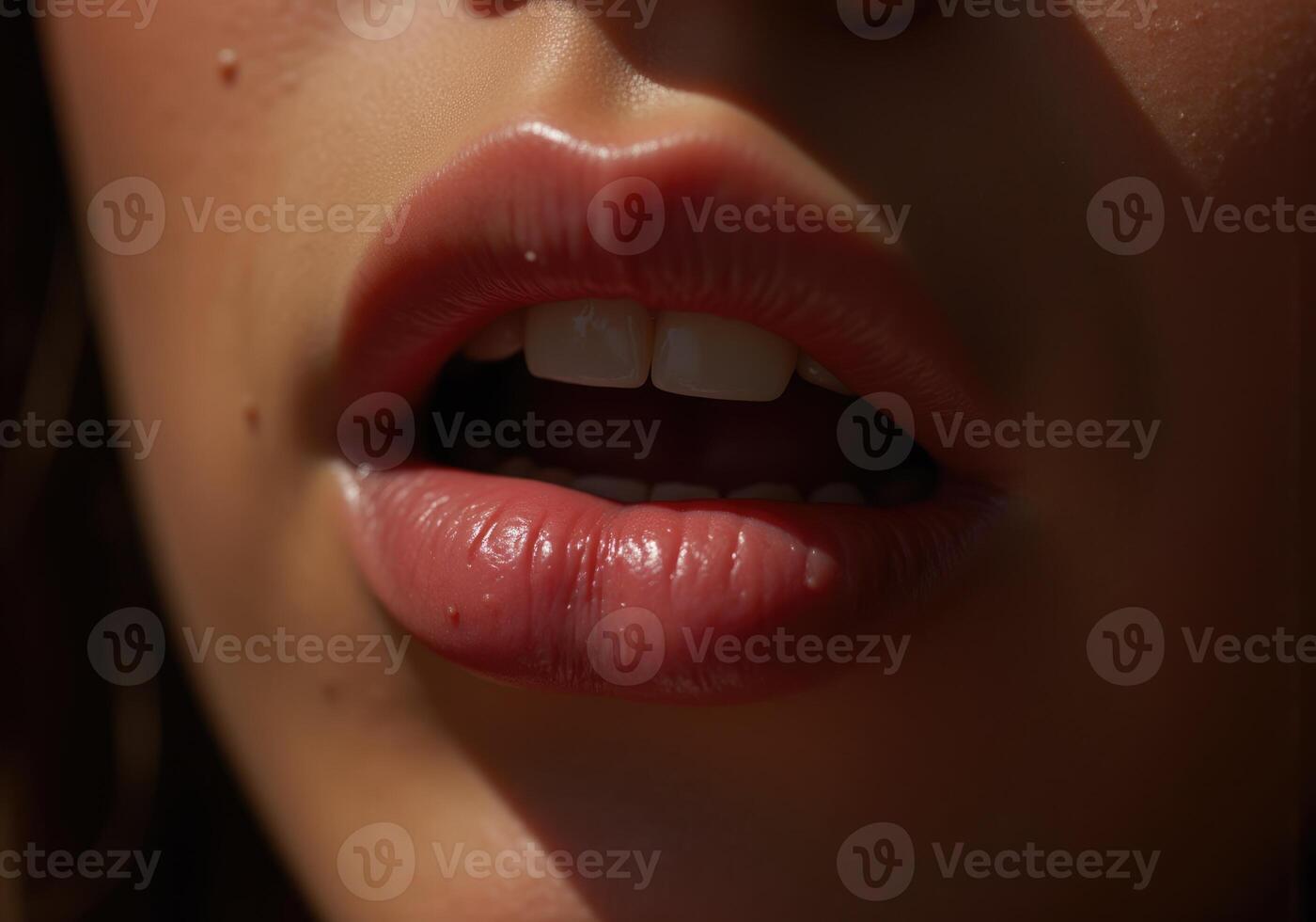 Woman opening her mouth showing white teeth and pink lips photo