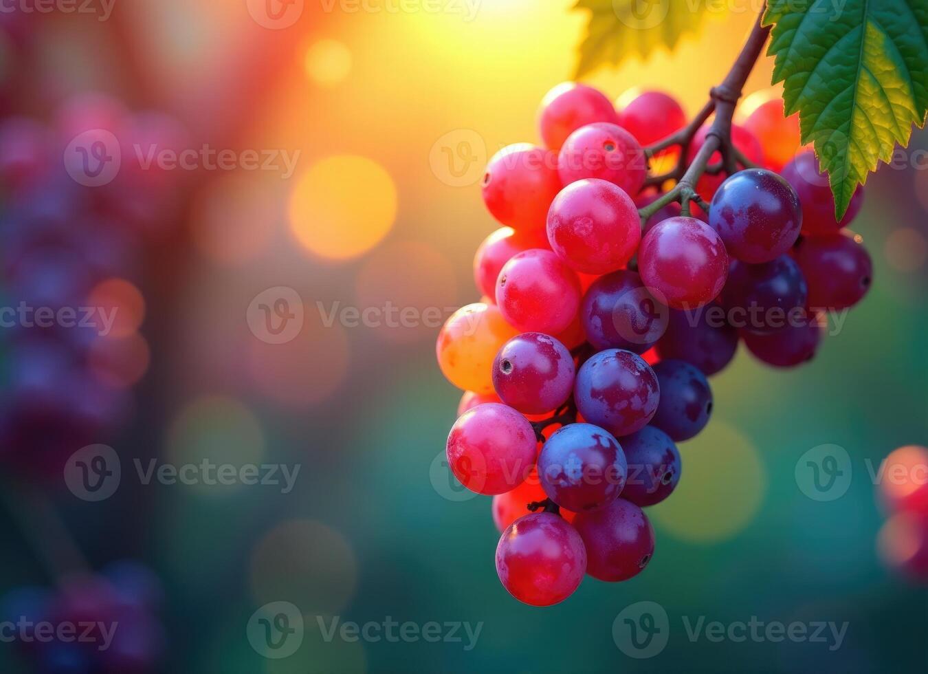 Bunch of grapes hanging from the vine at sunset illuminating beautiful colors photo