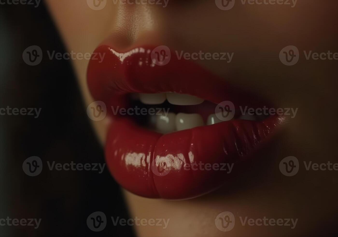 Woman biting her red glossy lips showing white teeth photo