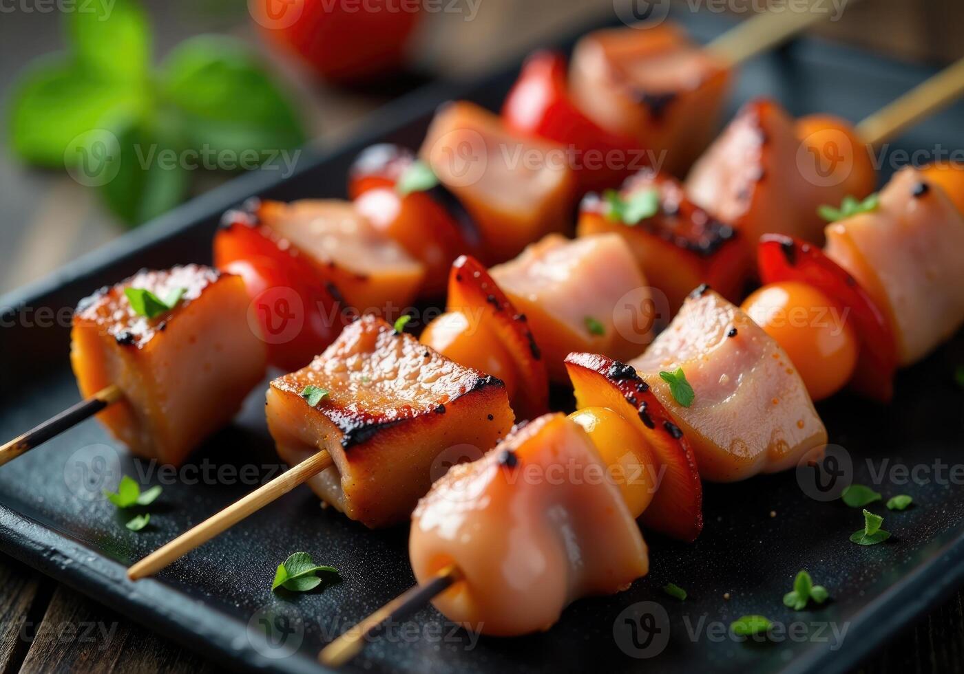 Grilled ham and vegetable skewers garnished with fresh herbs resting on a black plate photo