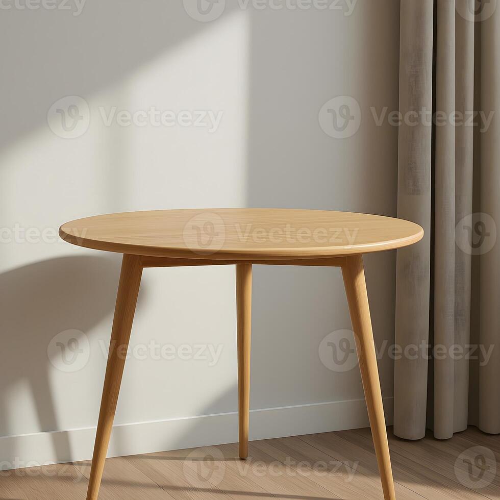 Product Presentation on Wooden Round Table in Minimalist Living Space photo