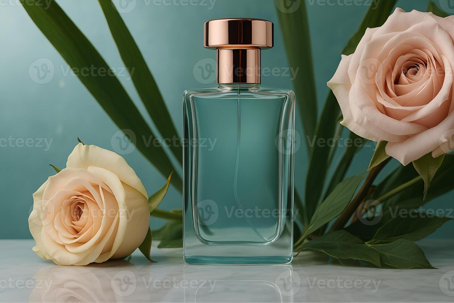 A luxurious perfume bottle with blank label for logo mockup photo