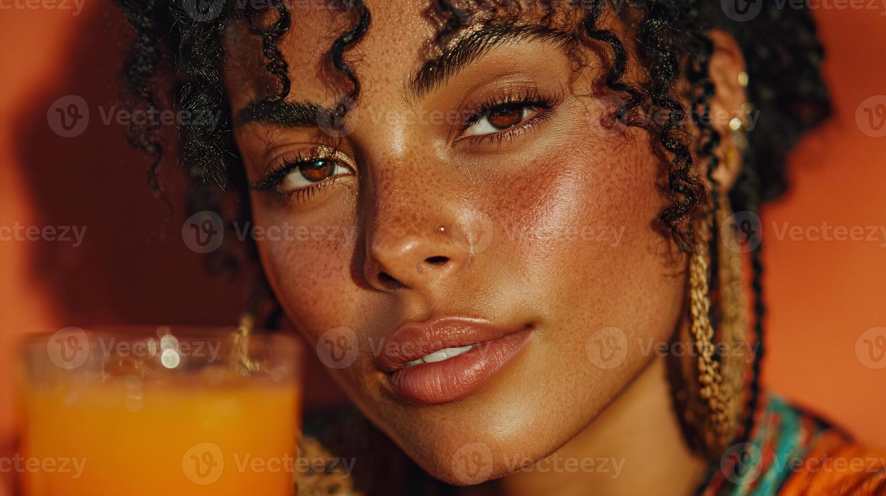 Close-up portrait of a woman with curly hair, freckles, holding an orange drink. photo