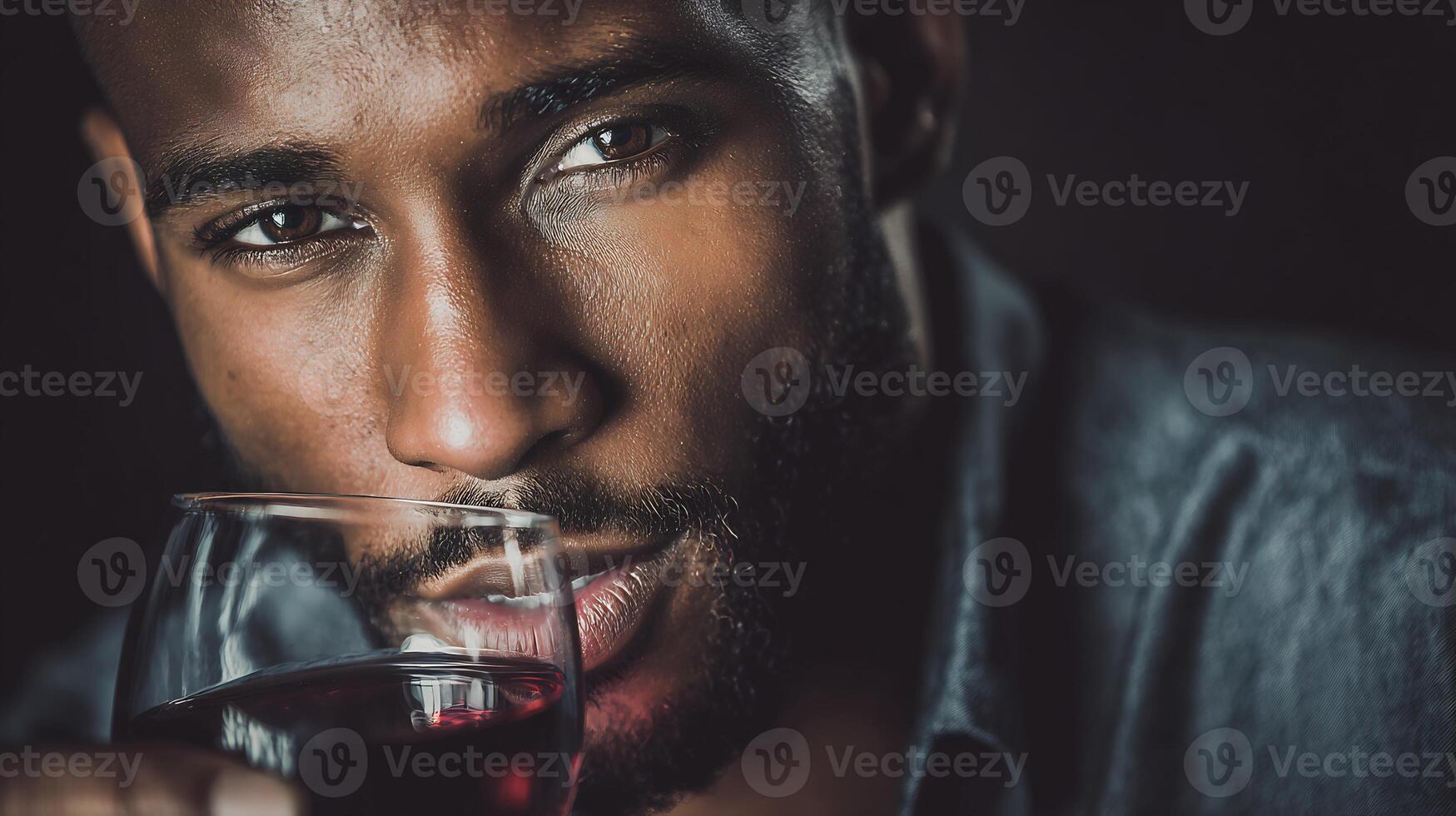 Close-up portrait of a man with beard, savoring a glass of red wine. photo