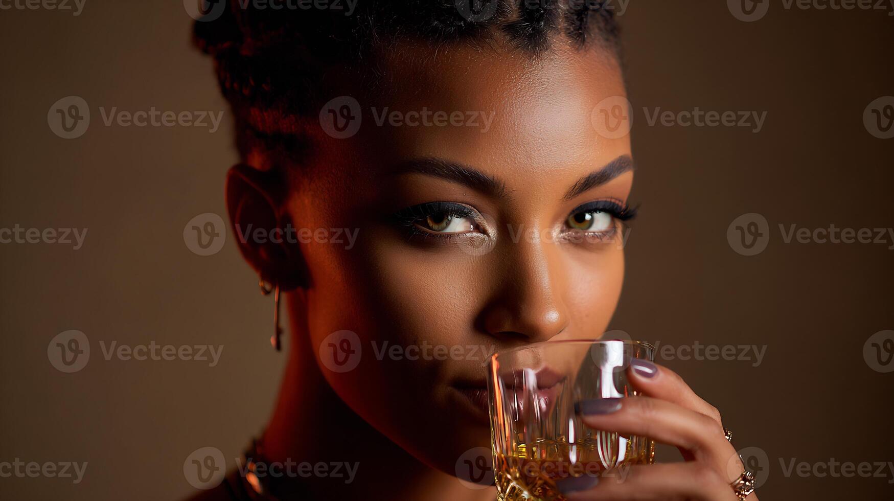Elegant woman holding a glass of whiskey, making direct eye contact. photo