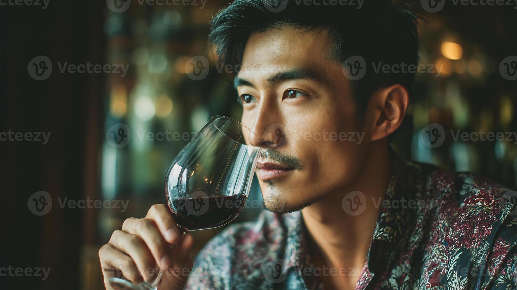 A sophisticated man holding a glass of red wine, appreciating its aroma. photo