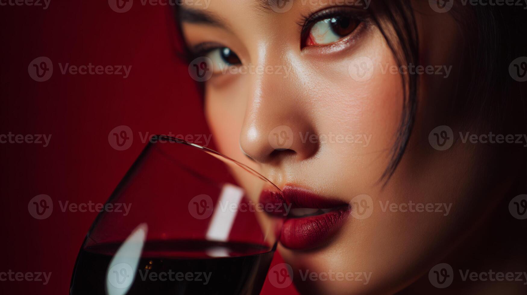 Close-up portrait of an elegant woman drinking red wine, dark red background. photo