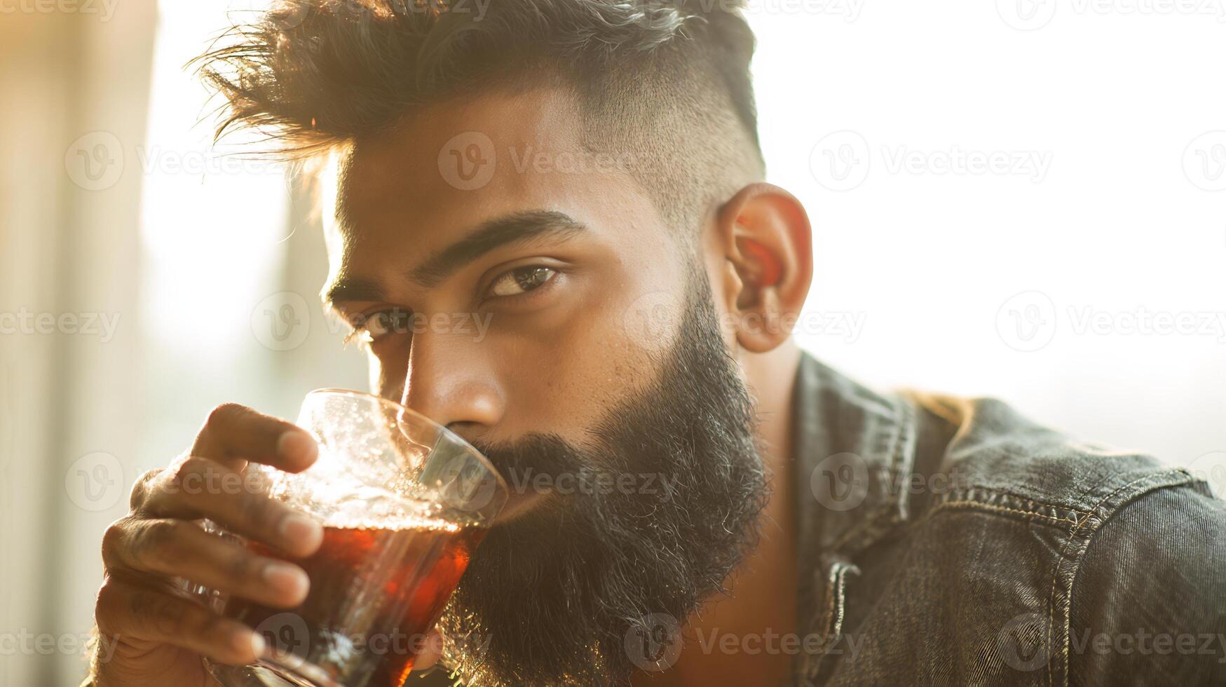 Close-up of a stylish bearded man drinking from a glass in warm light. photo