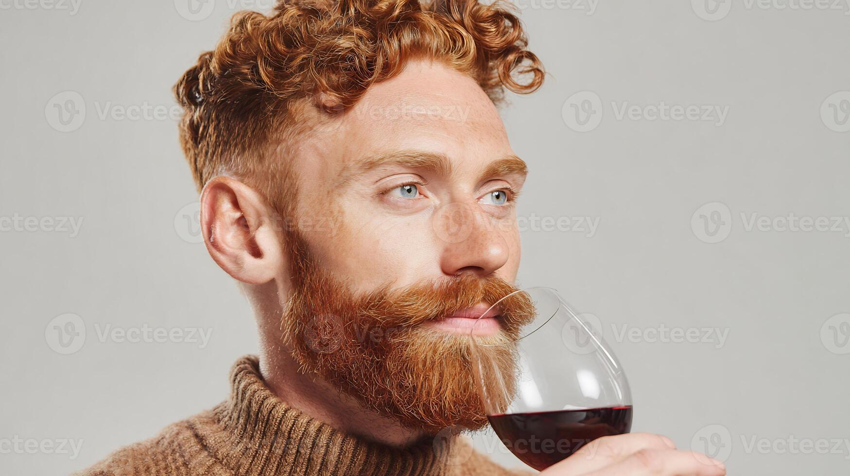 Portrait of a man with red beard and curly hair, drinking red wine. photo