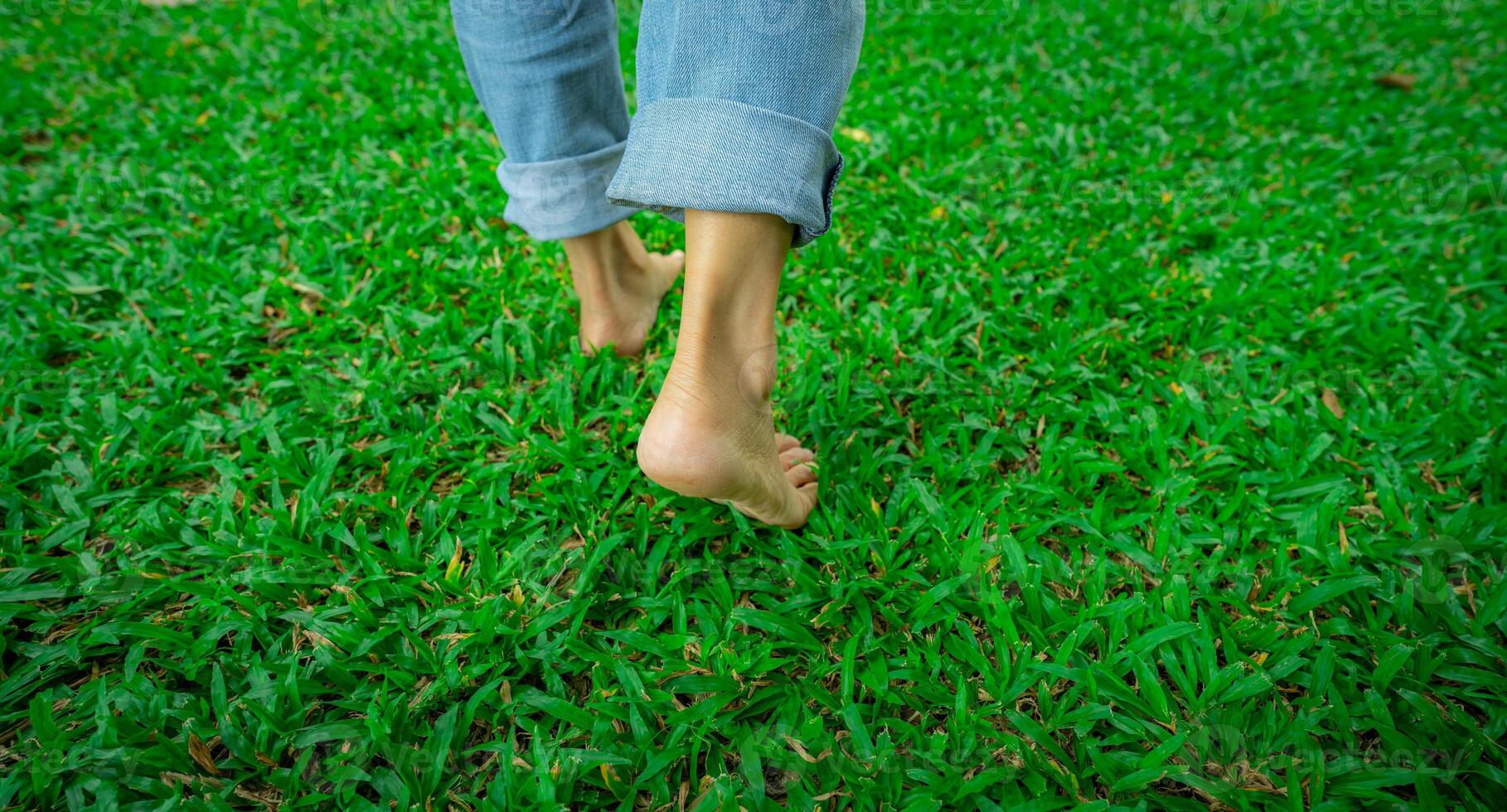 Barefoot person stepping on lush green grass lawn. Nature connection and natural healing through walking outdoors. Peaceful wellness retreat. Mindful lifestyle and connection to the earth. photo