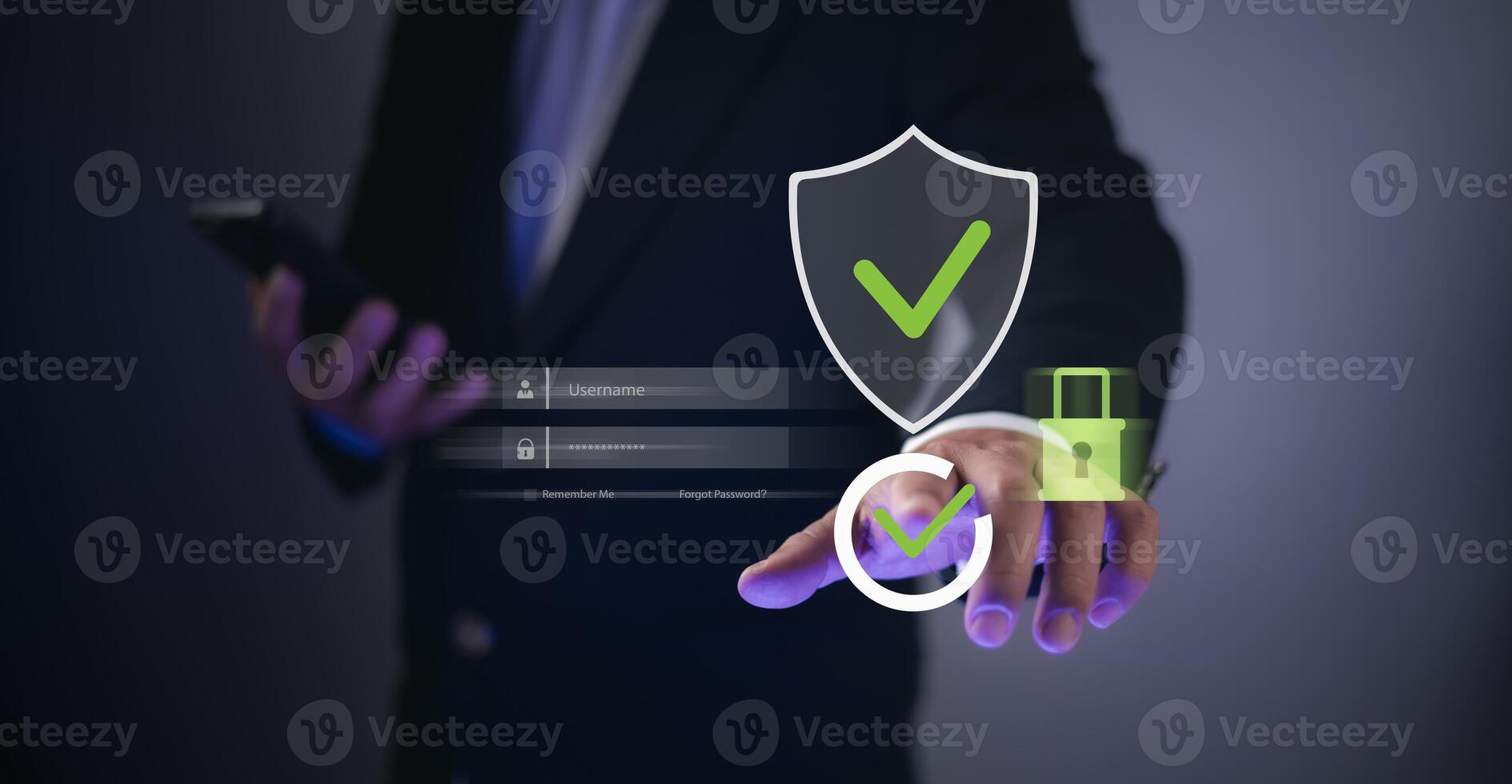 Businessman using virtual interface with security shield, lock, and check icons, ensuring data protection, privacy, and secure login. Concept of cyber security and trusted AI. photo