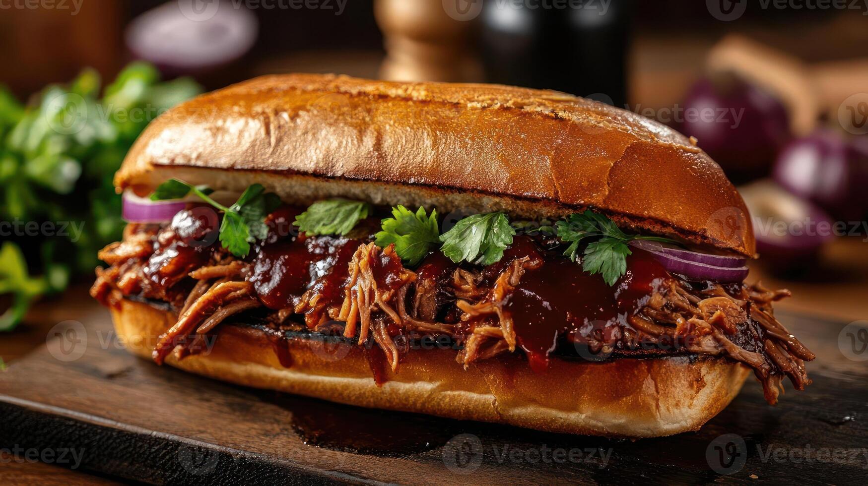 Pulled pork sandwich with toppings photo