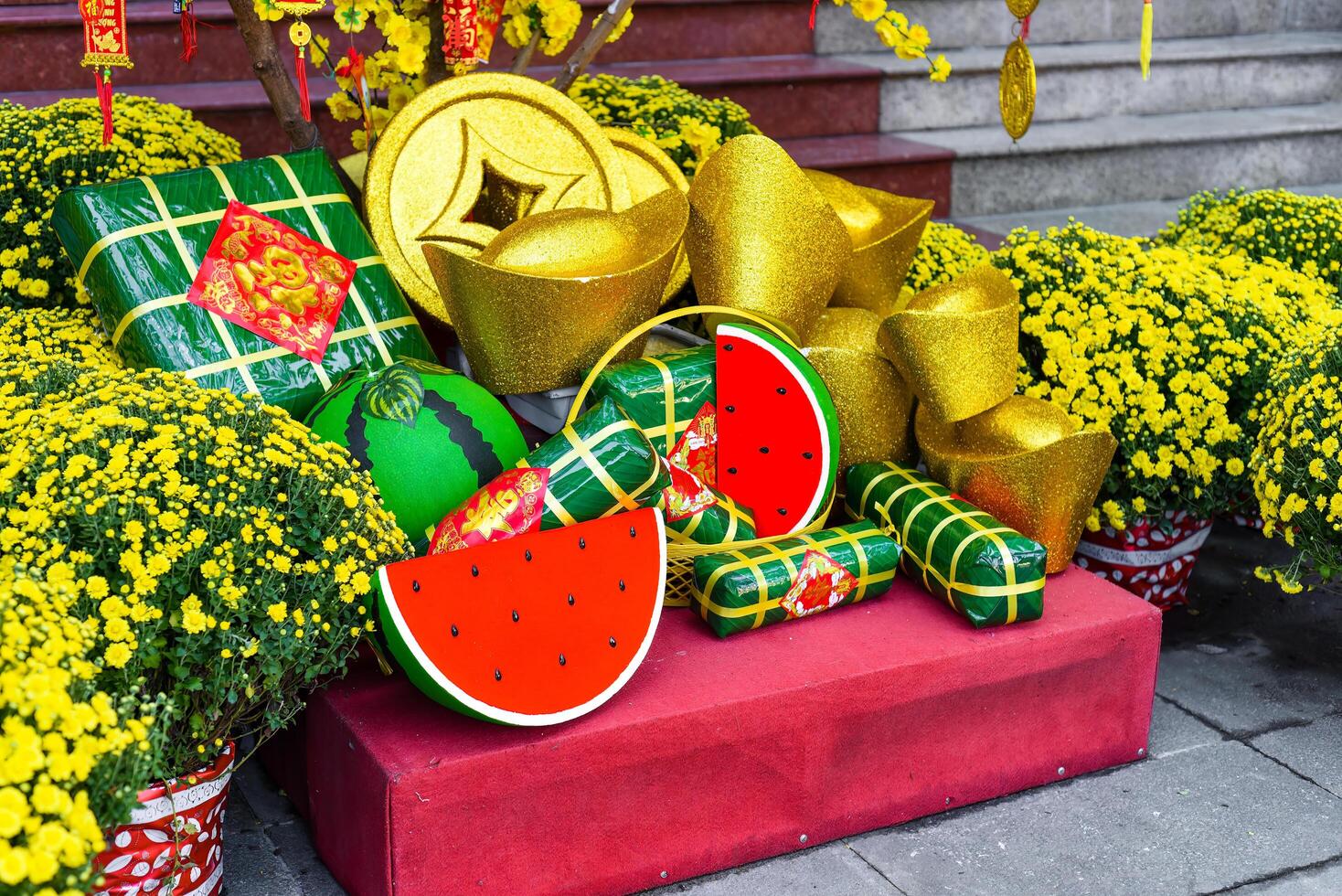 Nha Trang, Vietnam - 13 January 2023 decorations and chrysanthemums flowers as symbol of wealth for Tet Lunar New Year photo