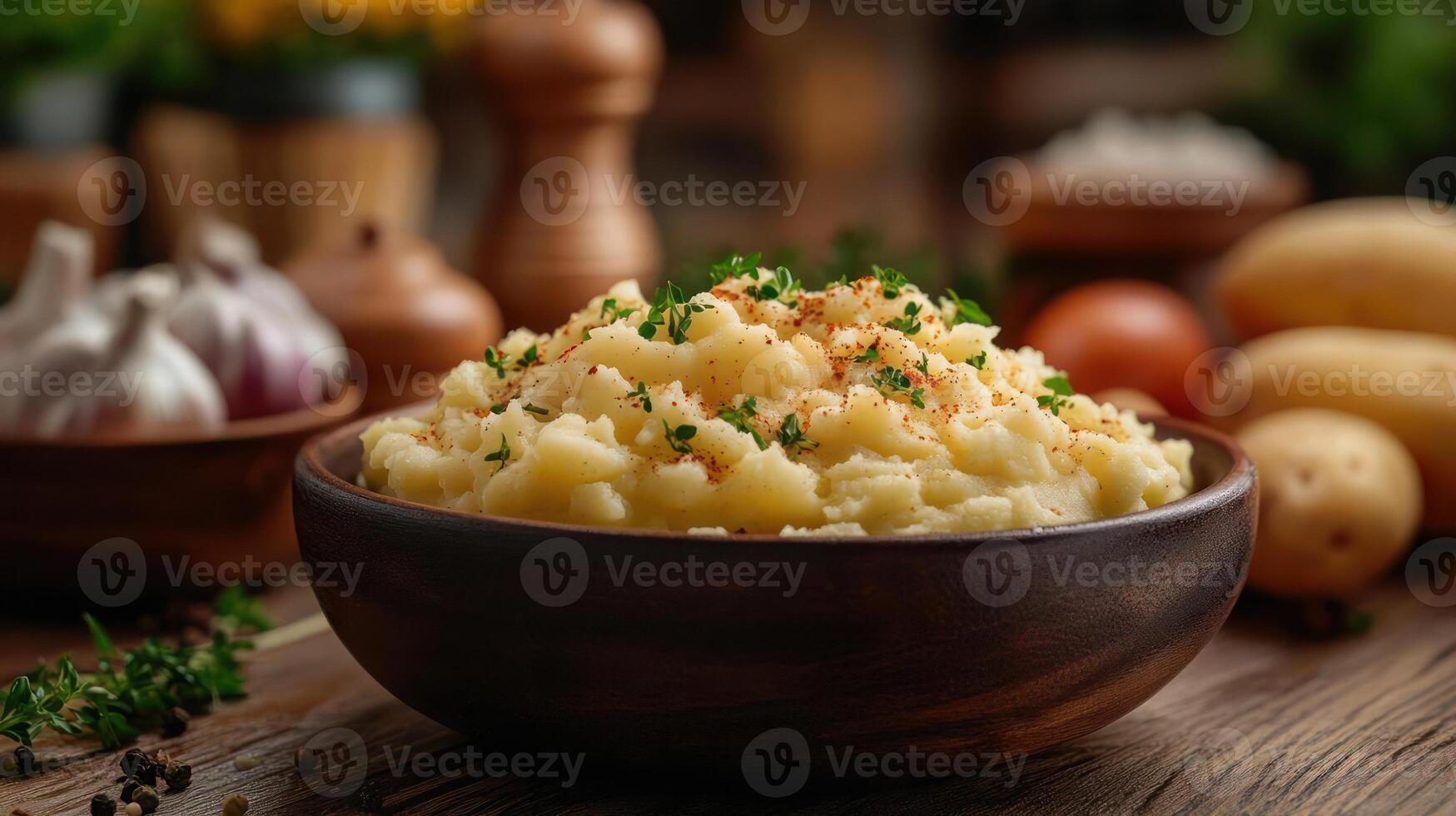 Potatoes and garlic in a bowl on a wooden table photo