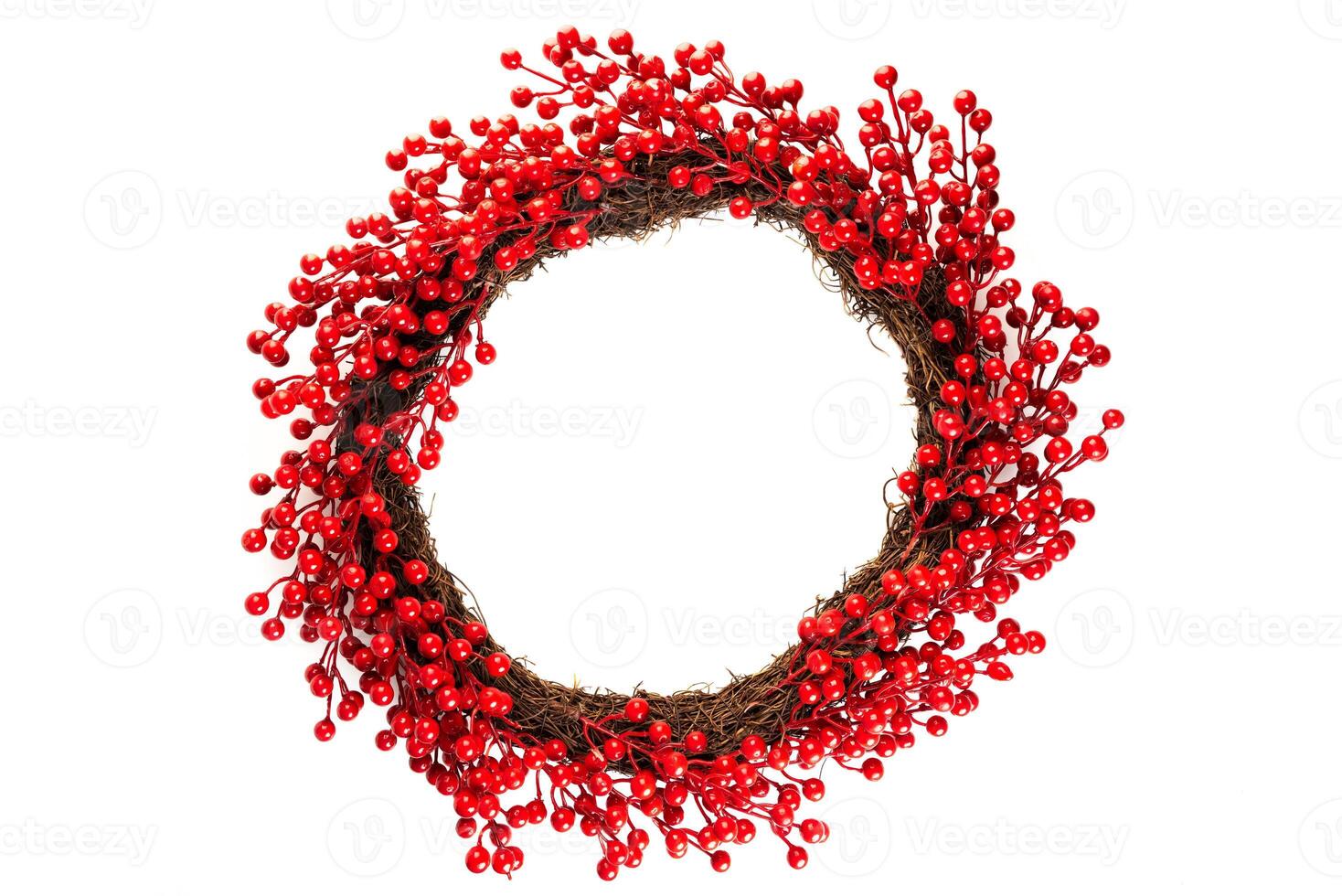 Christmas wreath made of artificial red berries branches for home decoration, on a white background photo