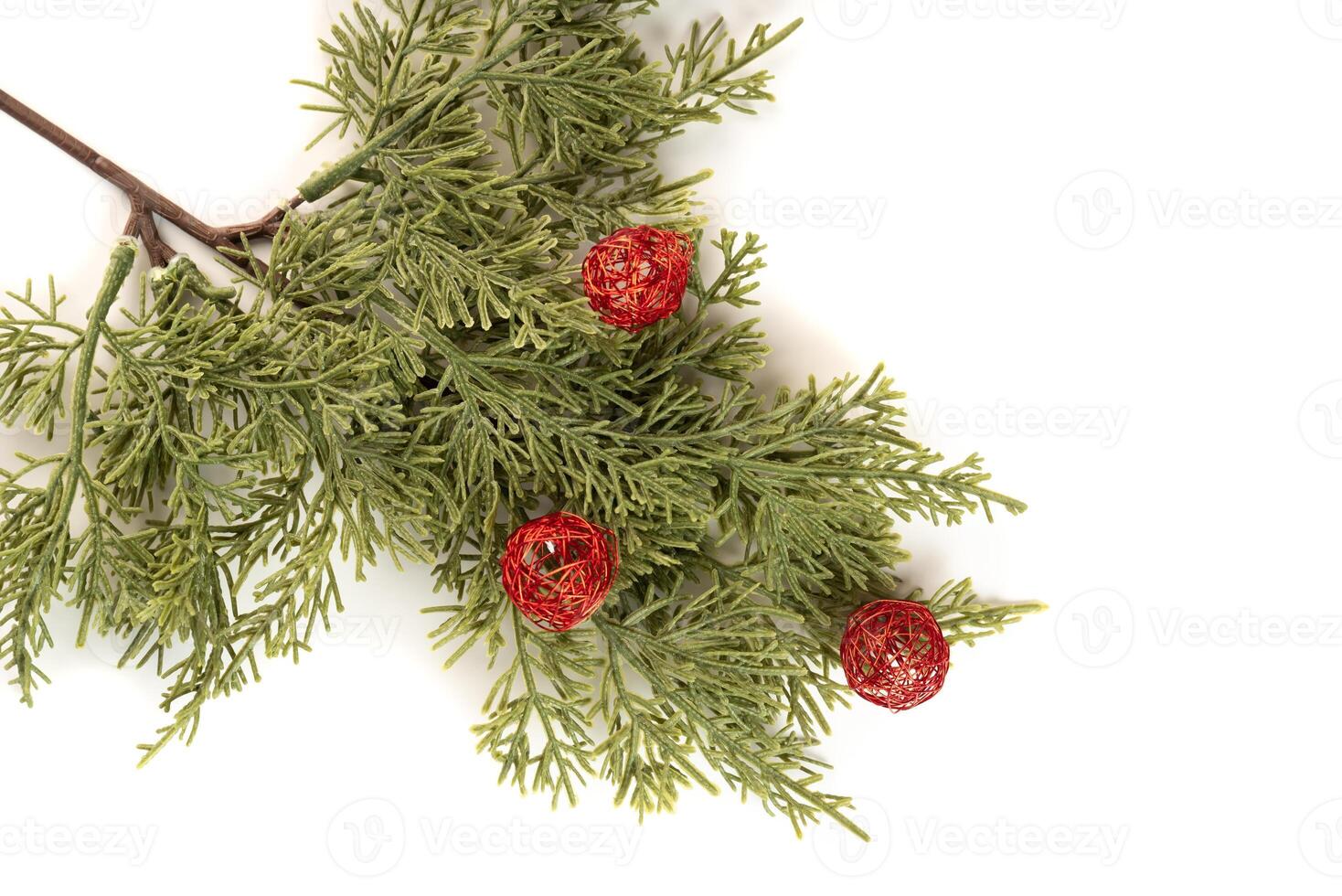Fake fir tree branch with red baubles for decorating of bouquets and home. photo