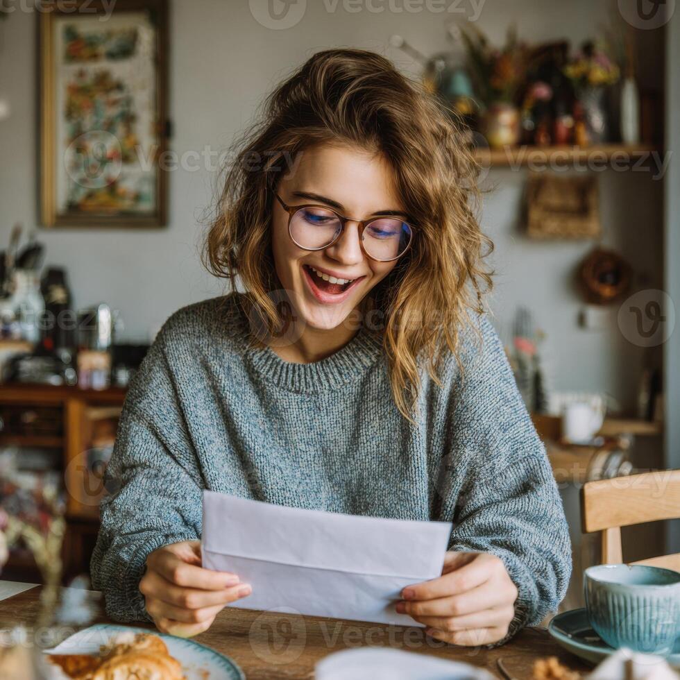A woman with glasses and a sweater is smiling while holding a letter photo
