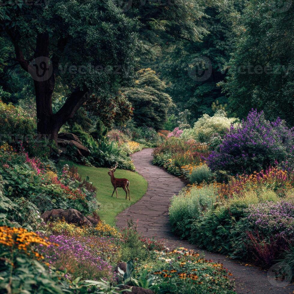 A deer is walking down a path in a garden photo