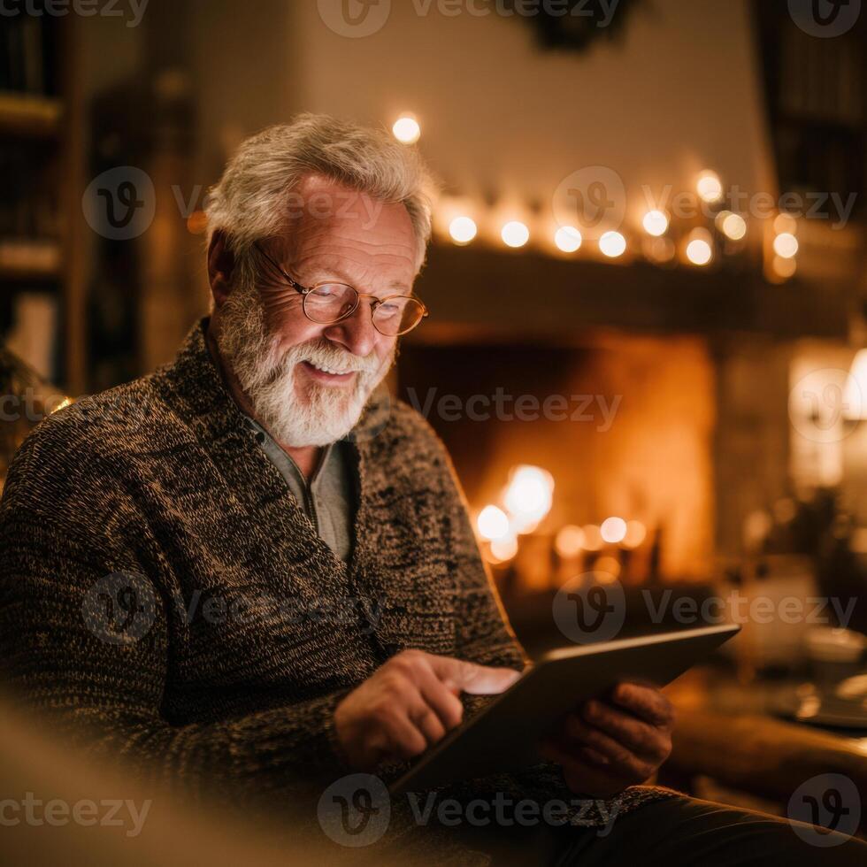 An older man with a beard and sweater is using a tablet photo