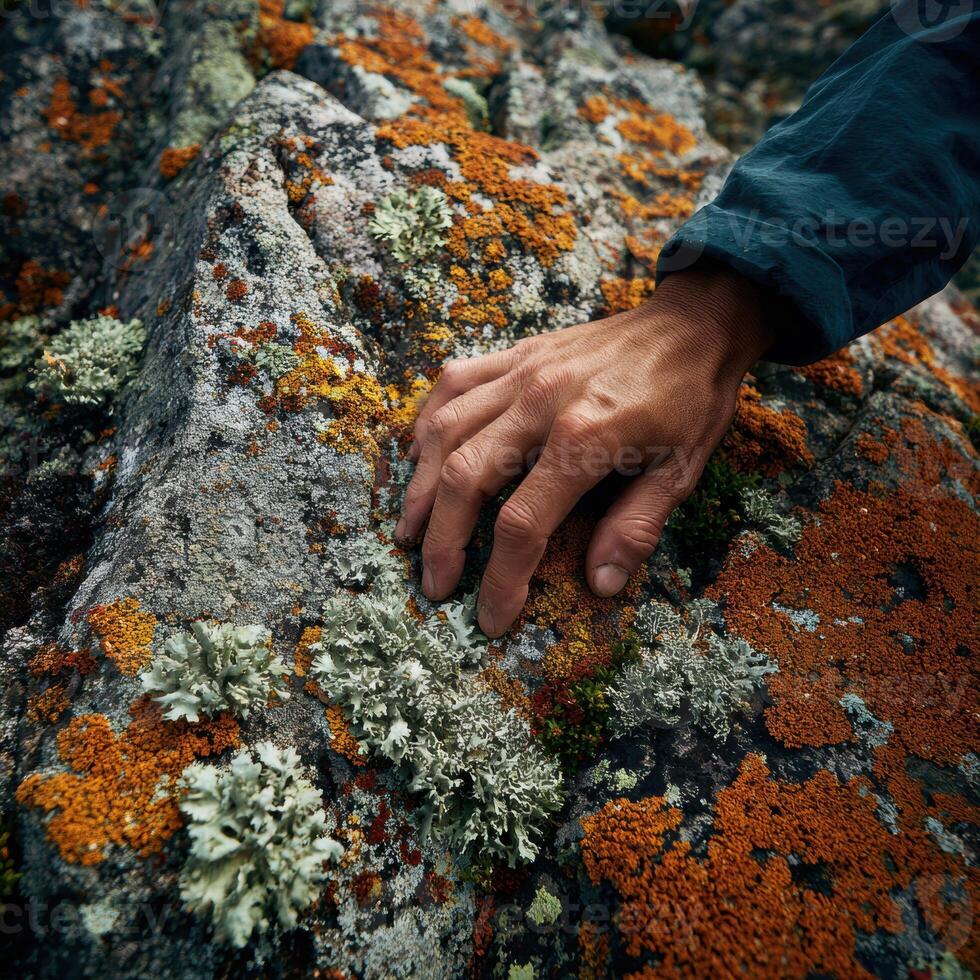 A person's hand touching a rock covered in lichen photo