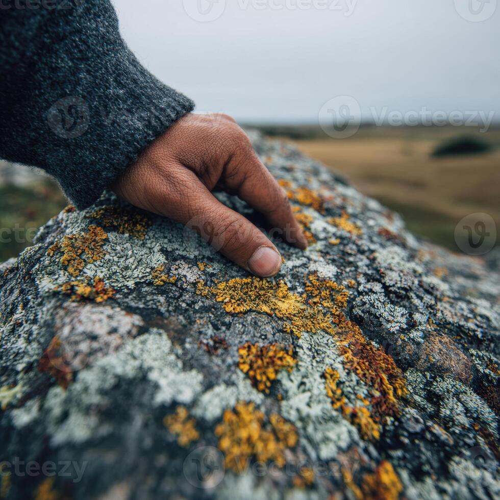 A person's hand touching a rock with lichen on it photo