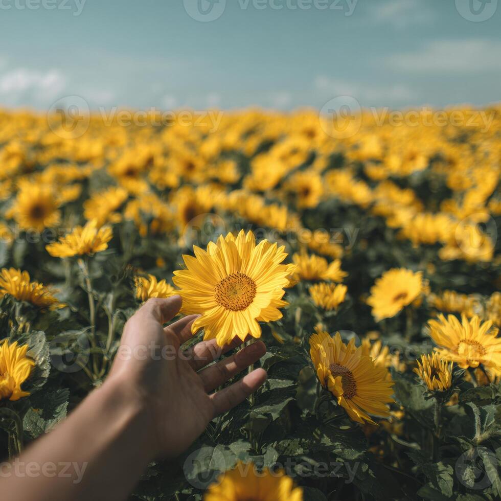 A person's hand is holding a sunflower in a field photo