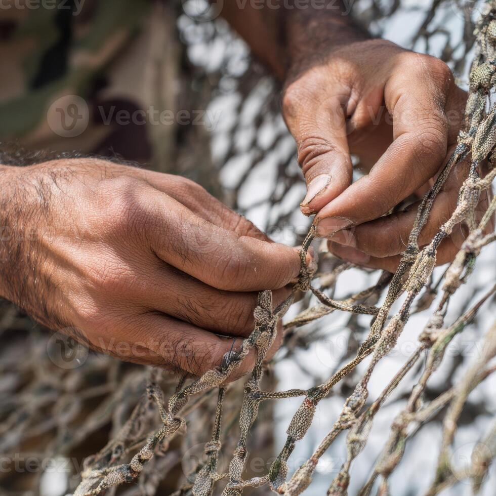 A man is tying a string to a net photo