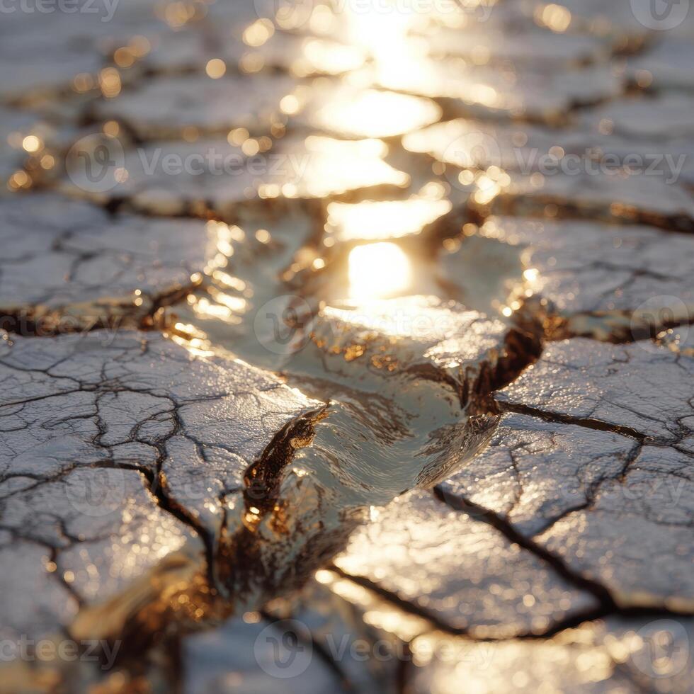 A cracked and dry desert with the sun shining through photo