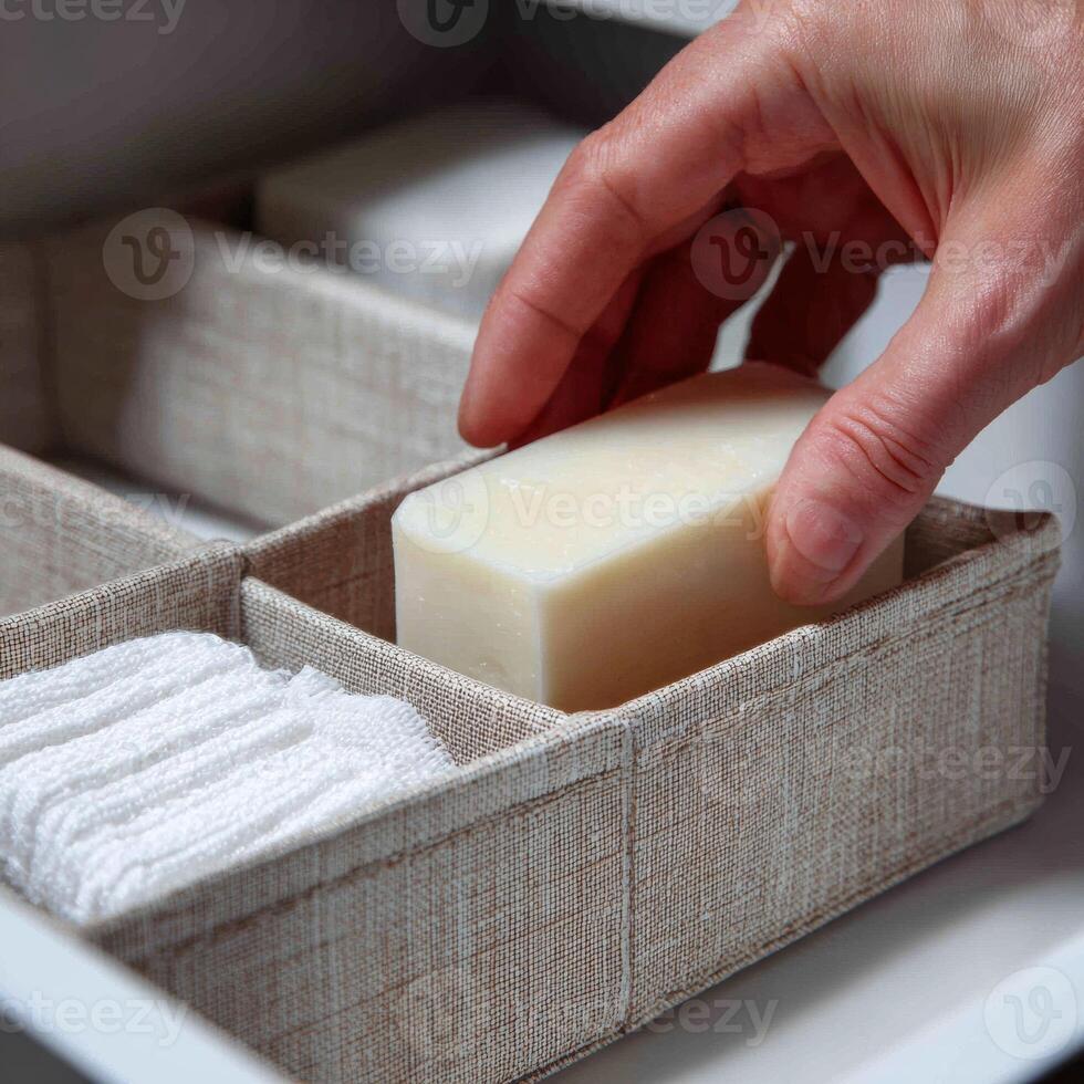 A person is holding a bar of soap in a drawer photo