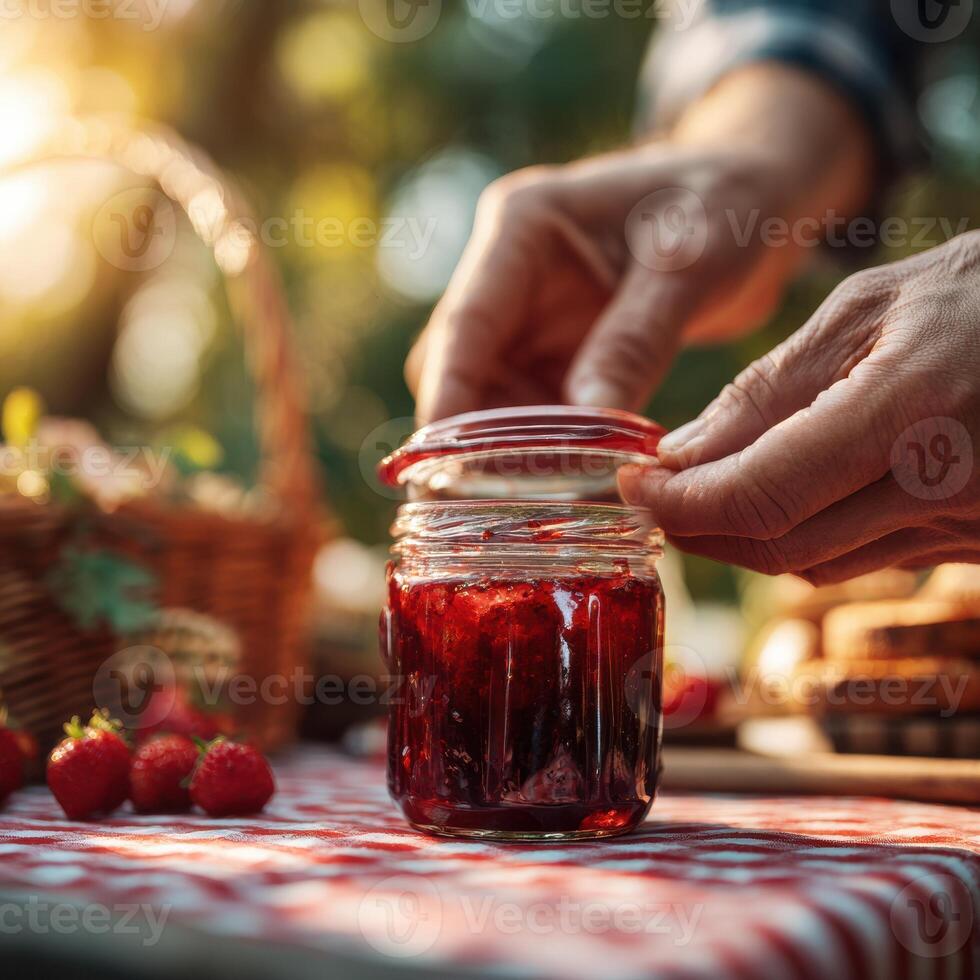 A man is putting jam into a jar on a picnic table photo