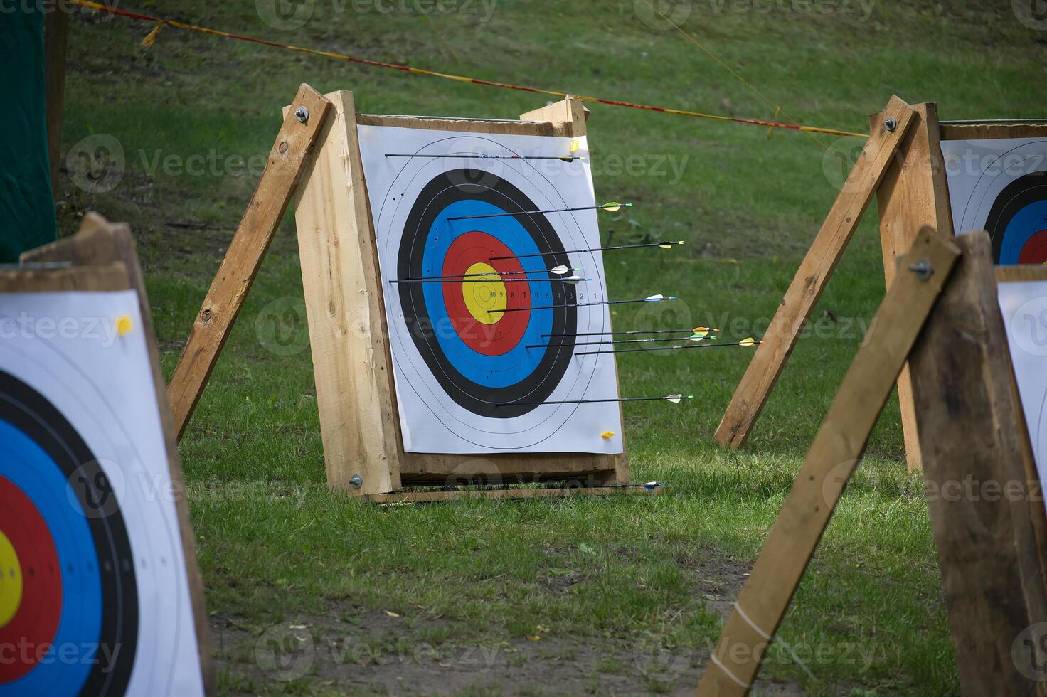 Colorful Archery Targets with Arrows Outdoors in a Grassy Area photo