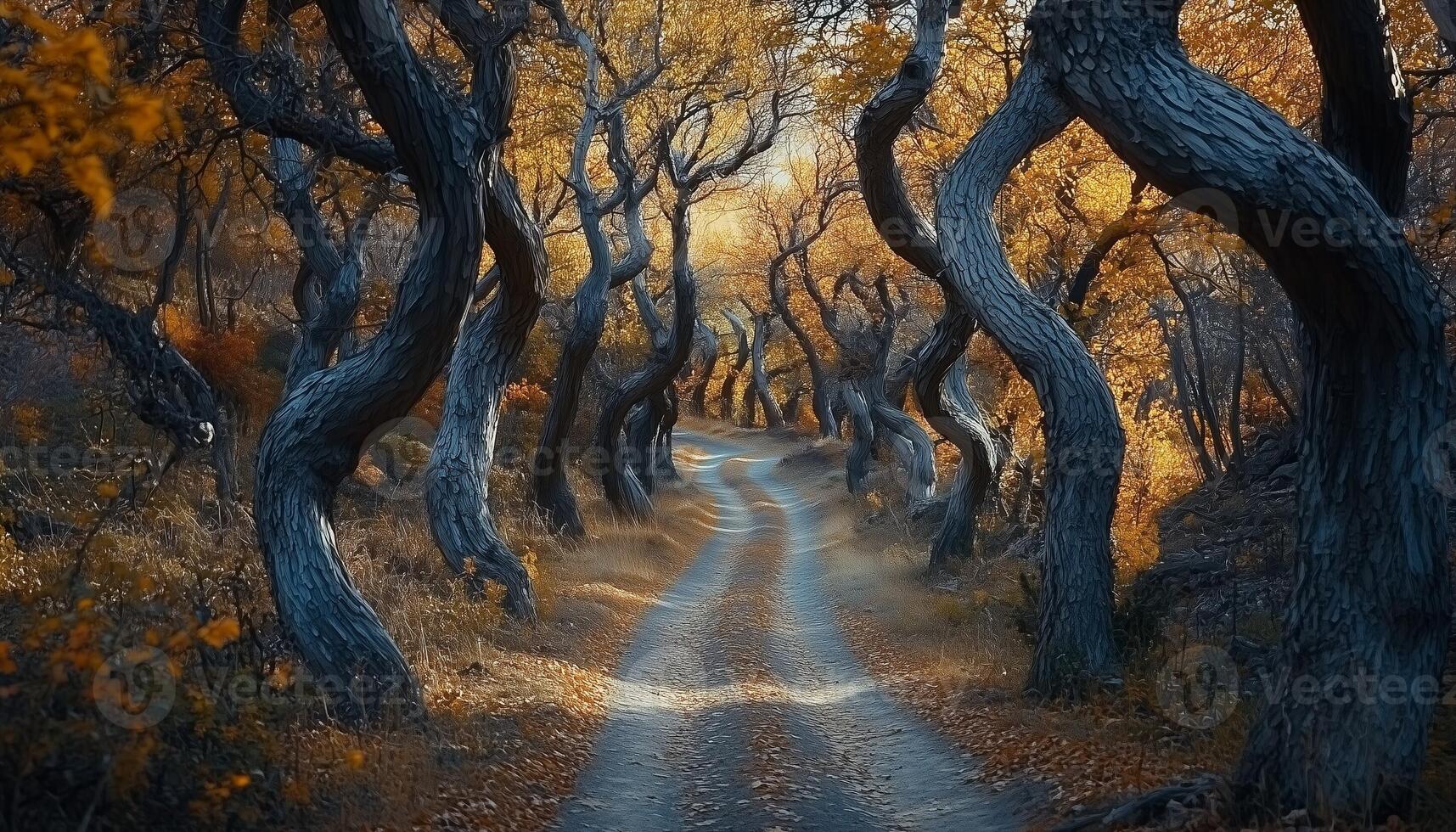 Soil road path on forest with plant and yellow leaves falling season photo