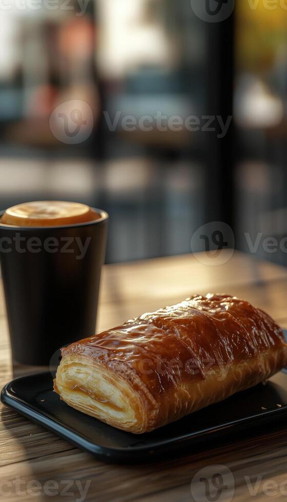 Pain au chocolate pastry layered cake baked with coffee cup on mug blurred background photo