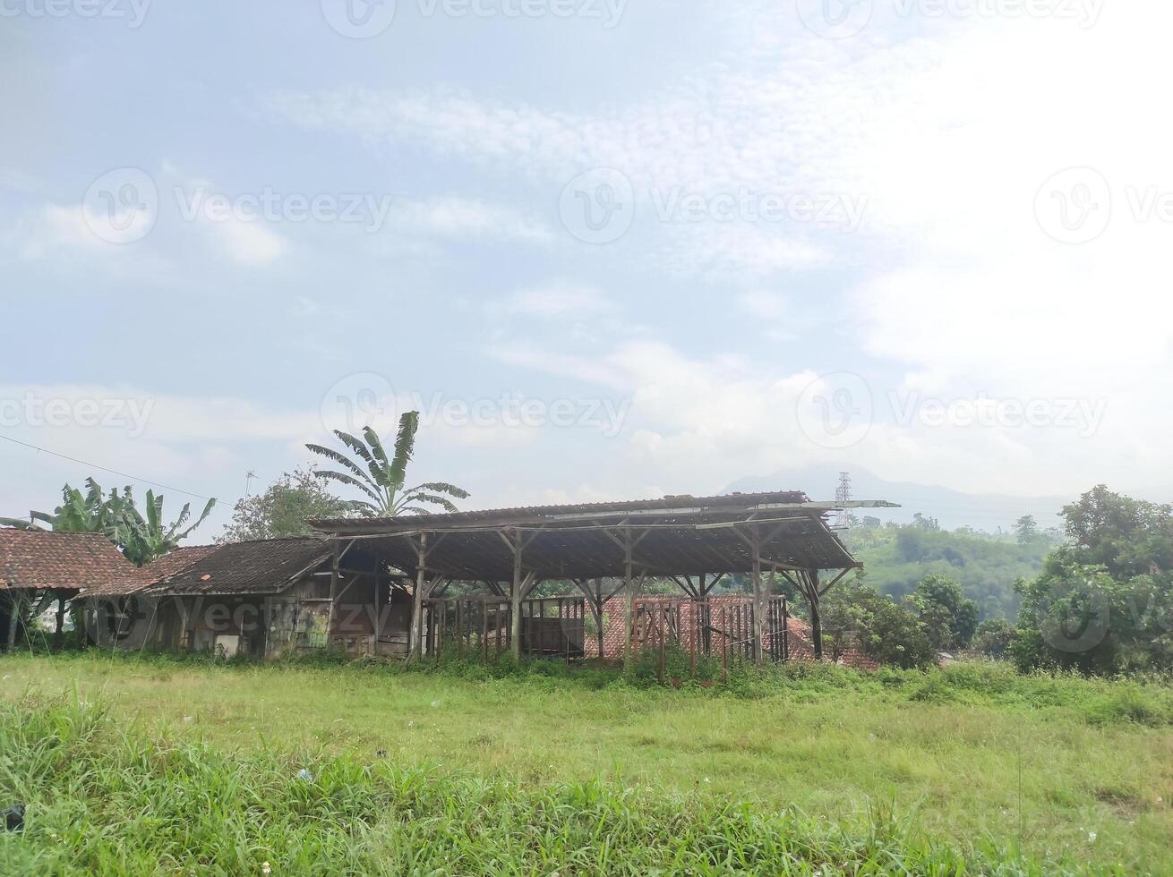 Landscape of a field overgrown with weeds with an abandoned hut in the background. Empty huts were built at the edge of the field, formerly used as food stalls. Abandoned area with text space photo