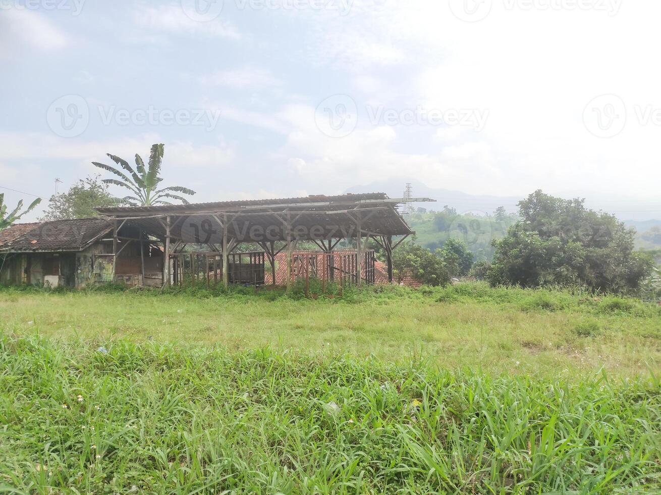 Landscape of a field overgrown with weeds with an abandoned hut in the background. Empty huts were built at the edge of the field, formerly used as food stalls. Abandoned area with Copy space photo