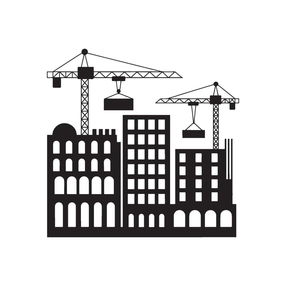 Construction Site Silhouette with Cranes and Buildings Under Construction Creating a Dynamic Urban Landscape vector