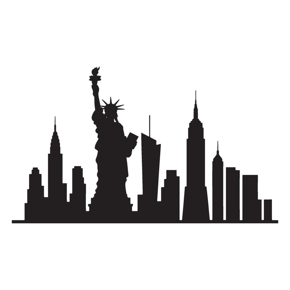 Dramatic Silhouette of New York City's Iconic Skyline Featuring the Statue of Liberty and Prominent Skyscrapers Black and White vector