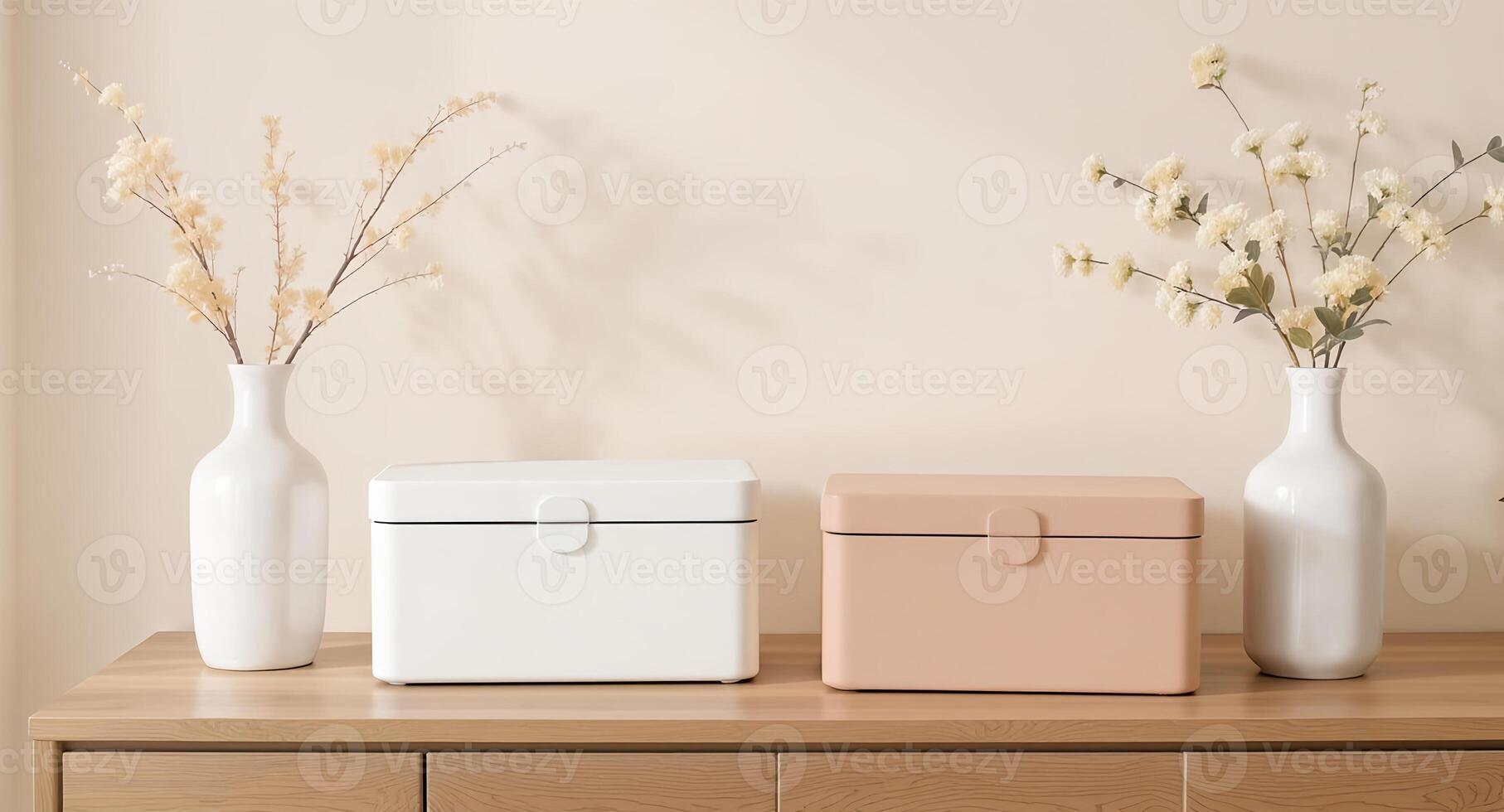 Three boxes sitting on a wooden table next to a vase photo