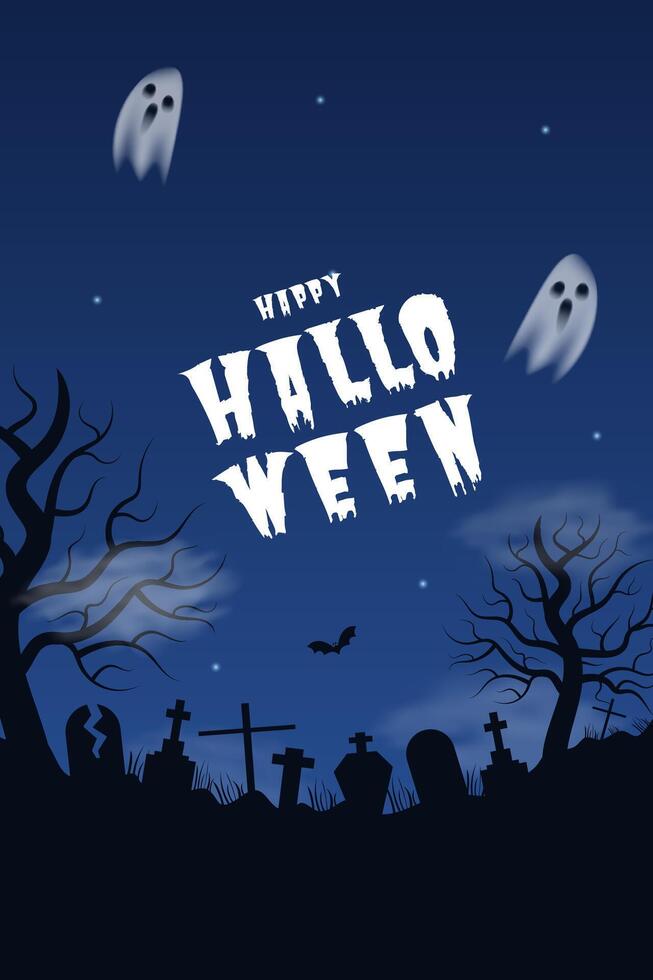 Halloween night scene with ghosts and gravestones vector