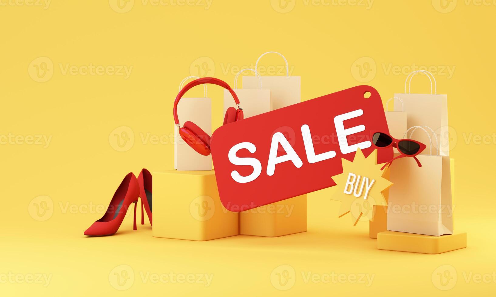 Bright shopping scene with red SALE tag, red heels, headphones, and sunglasses surrounded by gift bags in yellow tones. 3d rendering. photo