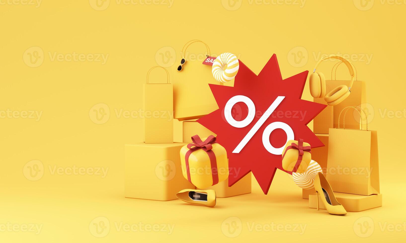 Minimal 3D composition with shopping bags, gifts, red percent symbol, and headphones representing discounts and sales. 3d rendering. photo