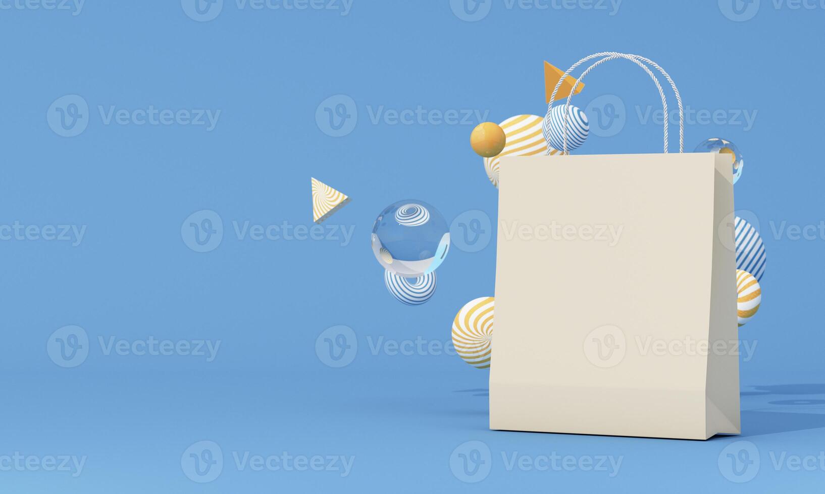 Single shopping bag with abstract floating elements on a clean blue background, perfect for e-commerce themes. 3d rendering. photo