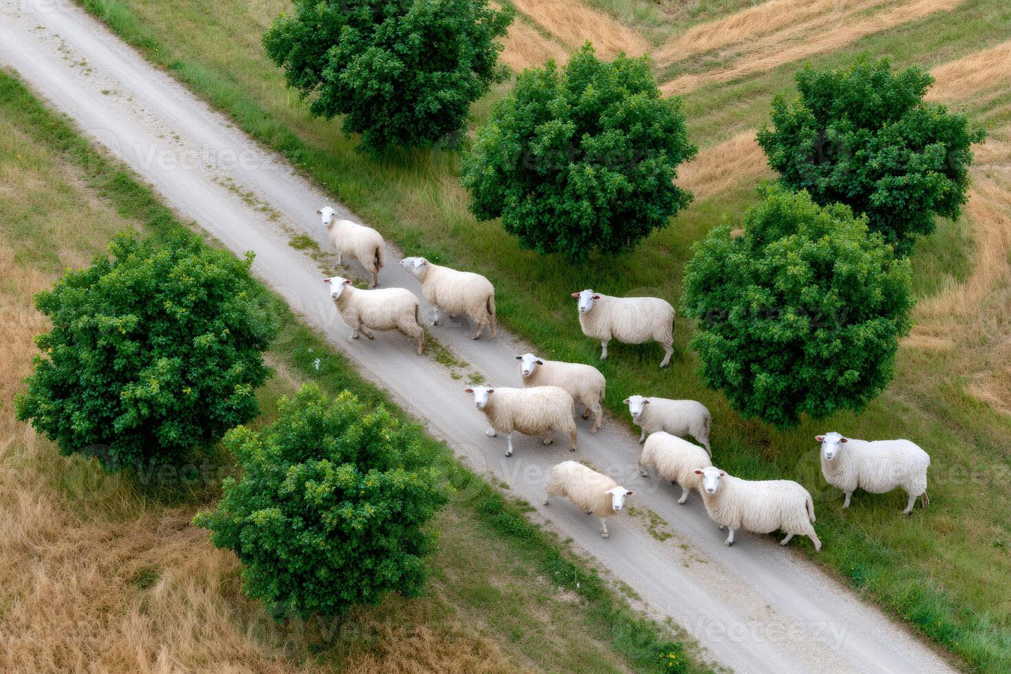 Flock of sheep walking on a country road between green trees and fields photo