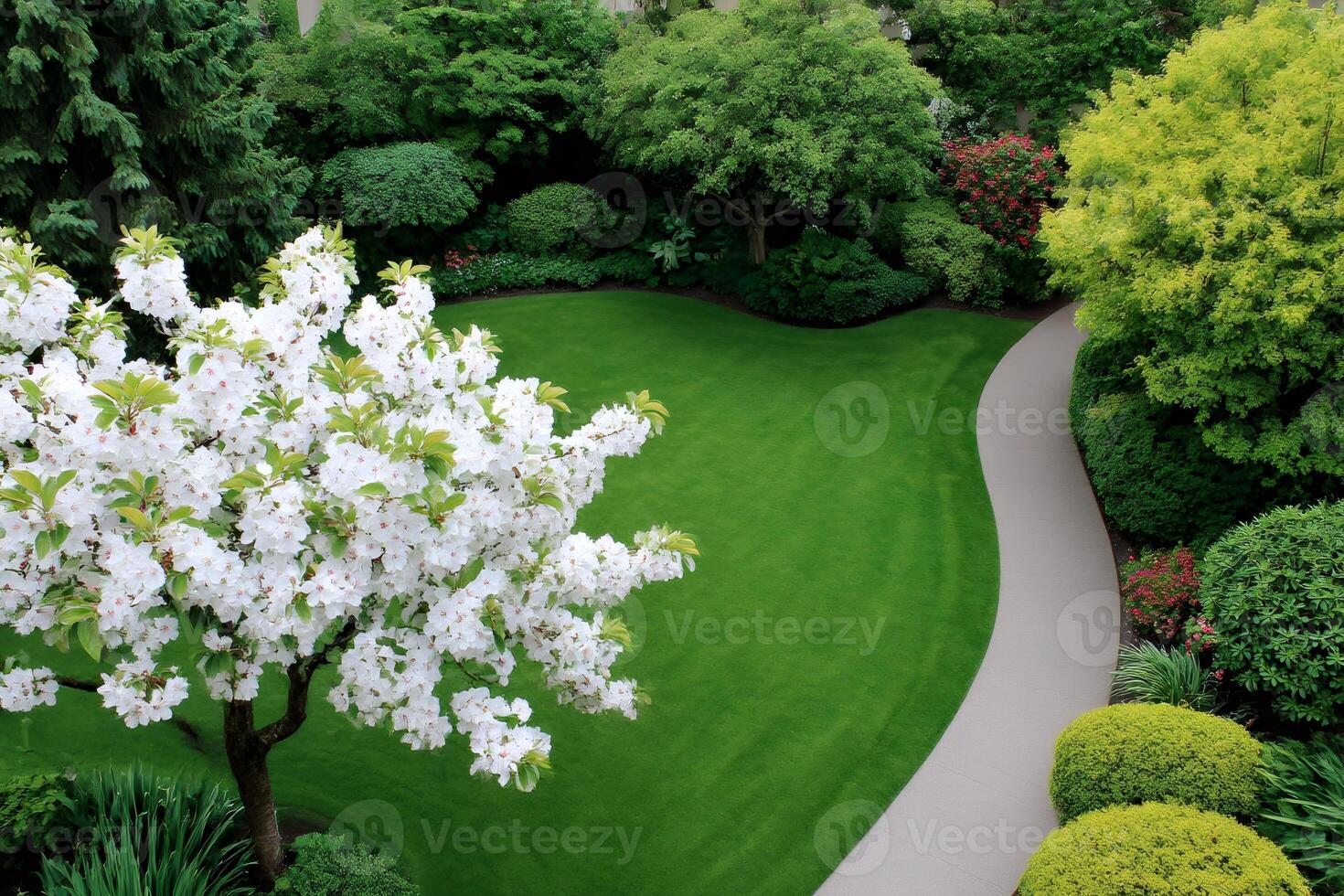 Beautiful white flowering tree growing in a peaceful green garden photo