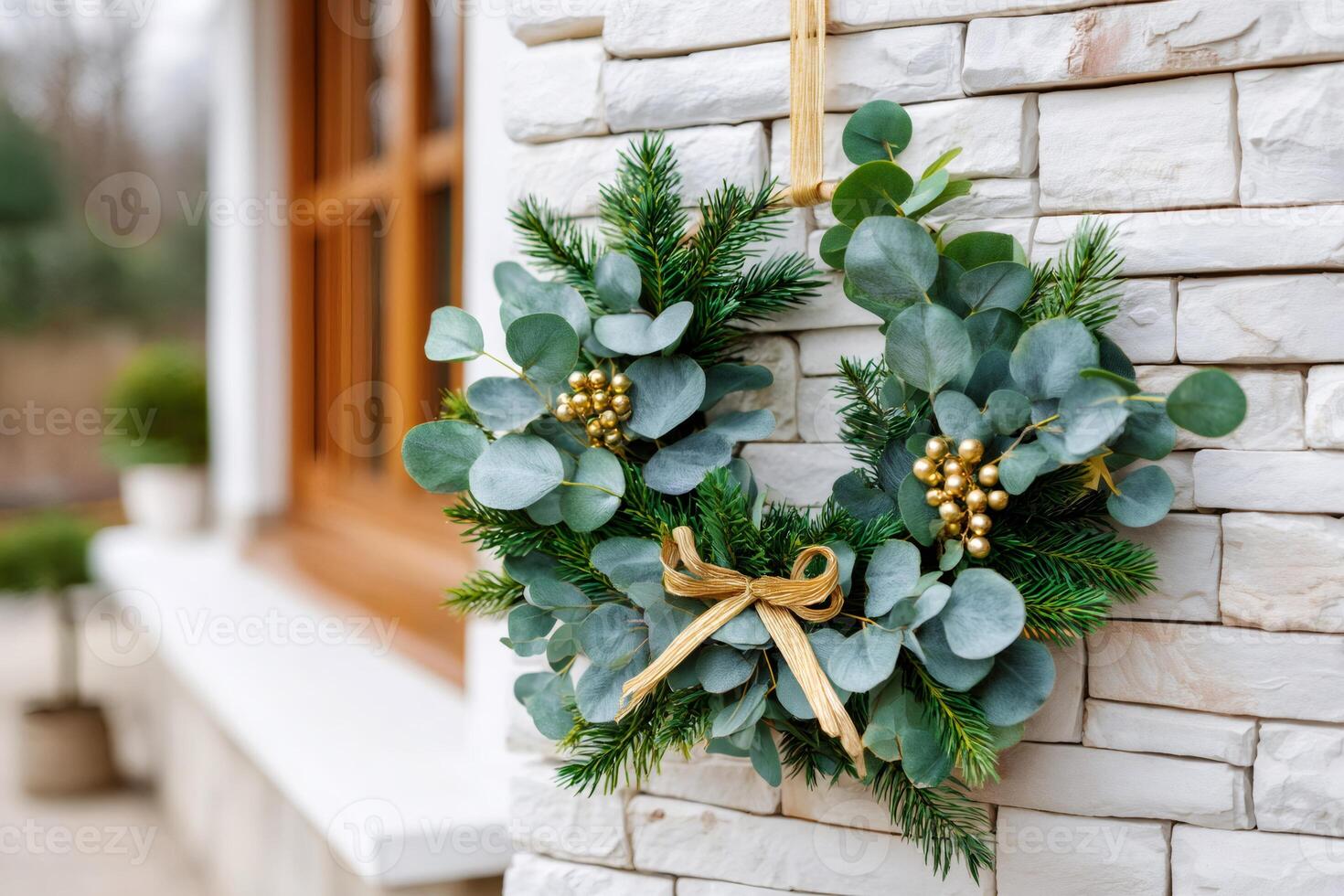 Beautiful Christmas wreath hanging on a white brick wall near the entrance of a house photo