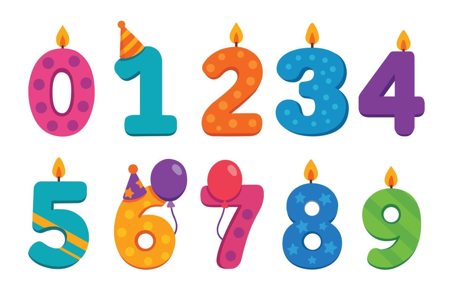 Colorful birthday candles numbers 0 to 9 vector