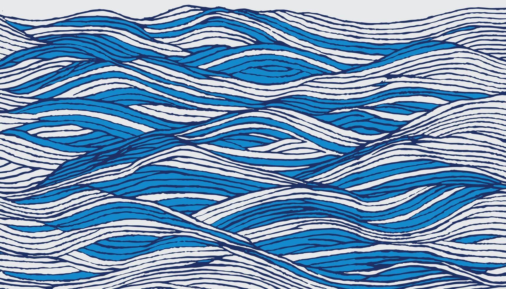 A hand drawn brush lines wave pattern inspired by the rhythmic flow of the ocean. Organic lines form a layered seascape, blending energy and calm in a striking blue and white palette. vector